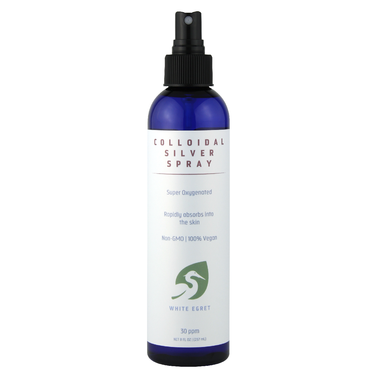 White Egret's Colloidal Silver Spray in a 8oz blue bottle