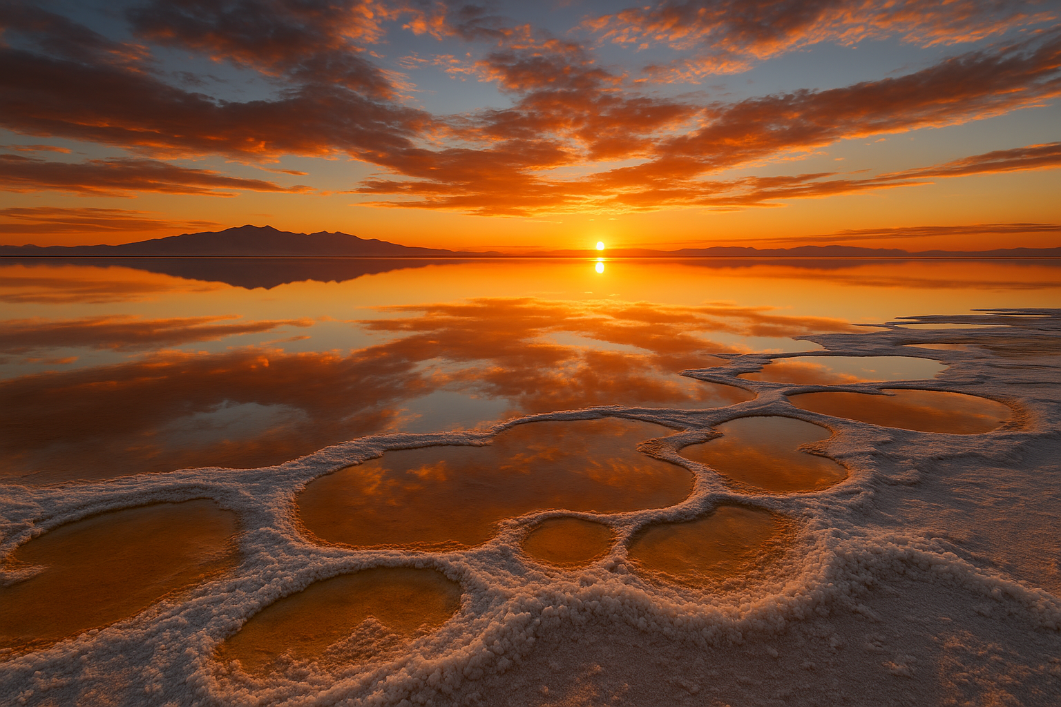 A wide landscape shot of Utah’s Great Salt Lake, salt flats, or mineral basin at sunrise/sunset — glowing light, calm reflection.