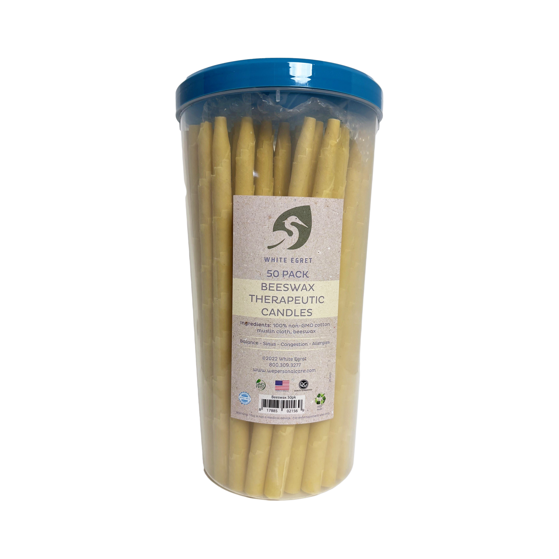50-pack of beeswax therapeutic candles in a blue-lidded container on a white background