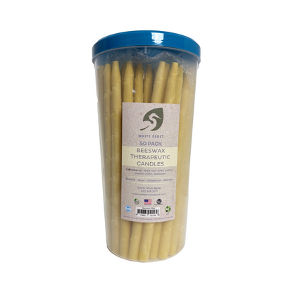 50-pack of beeswax therapeutic candles in a blue-lidded container on a white background