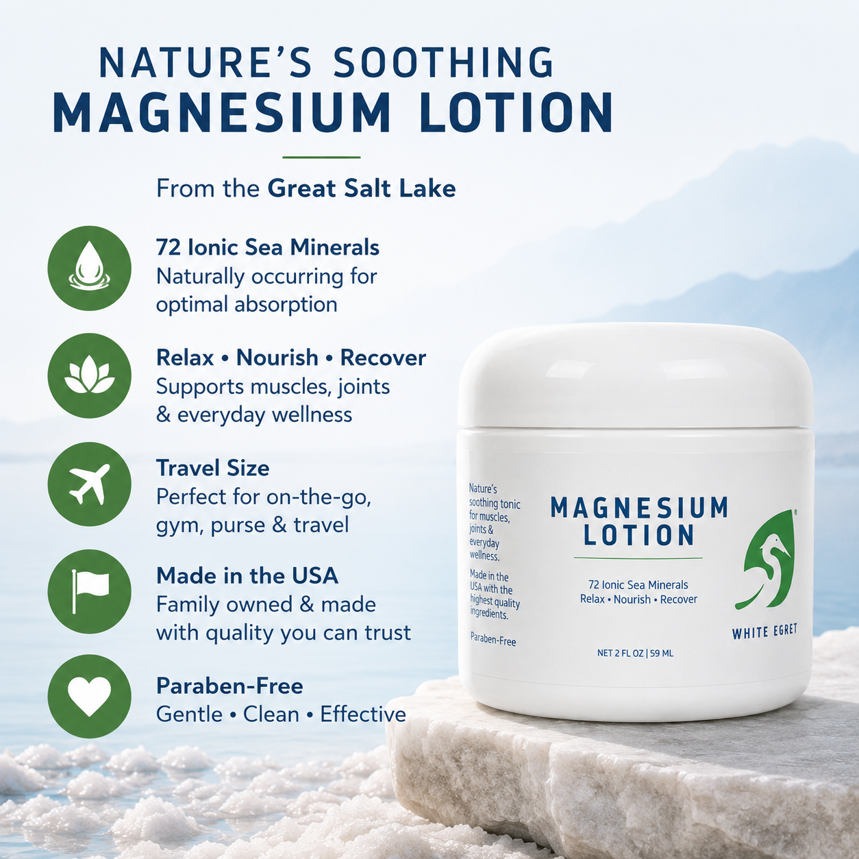 White Egret Magnesium Lotion – 72 Ionic Sea Minerals - White Egret Personal Care