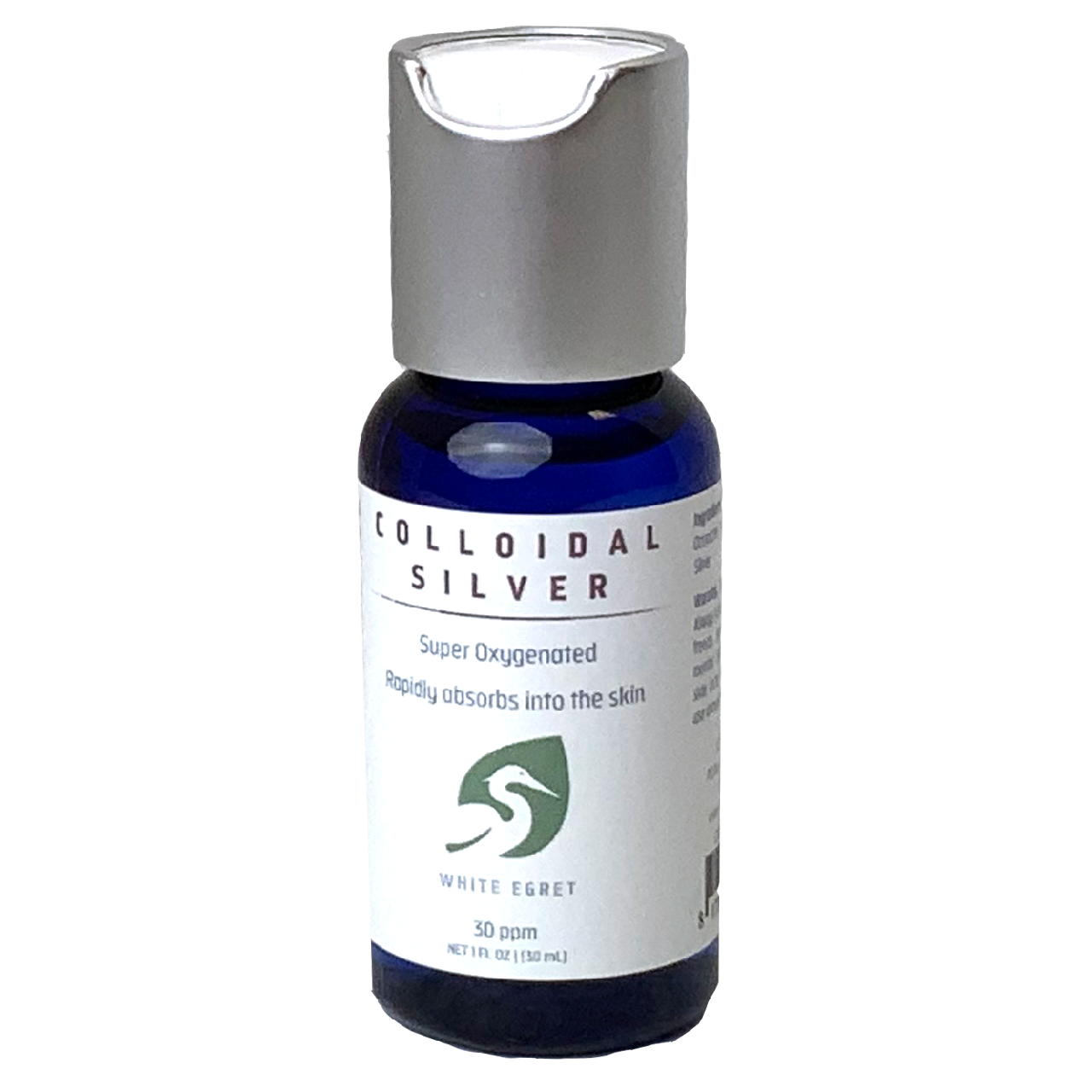White Egret's Colloidal Silver Spray in a 1oz blue bottle