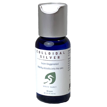 White Egret's Colloidal Silver Spray in a 1oz blue bottle
