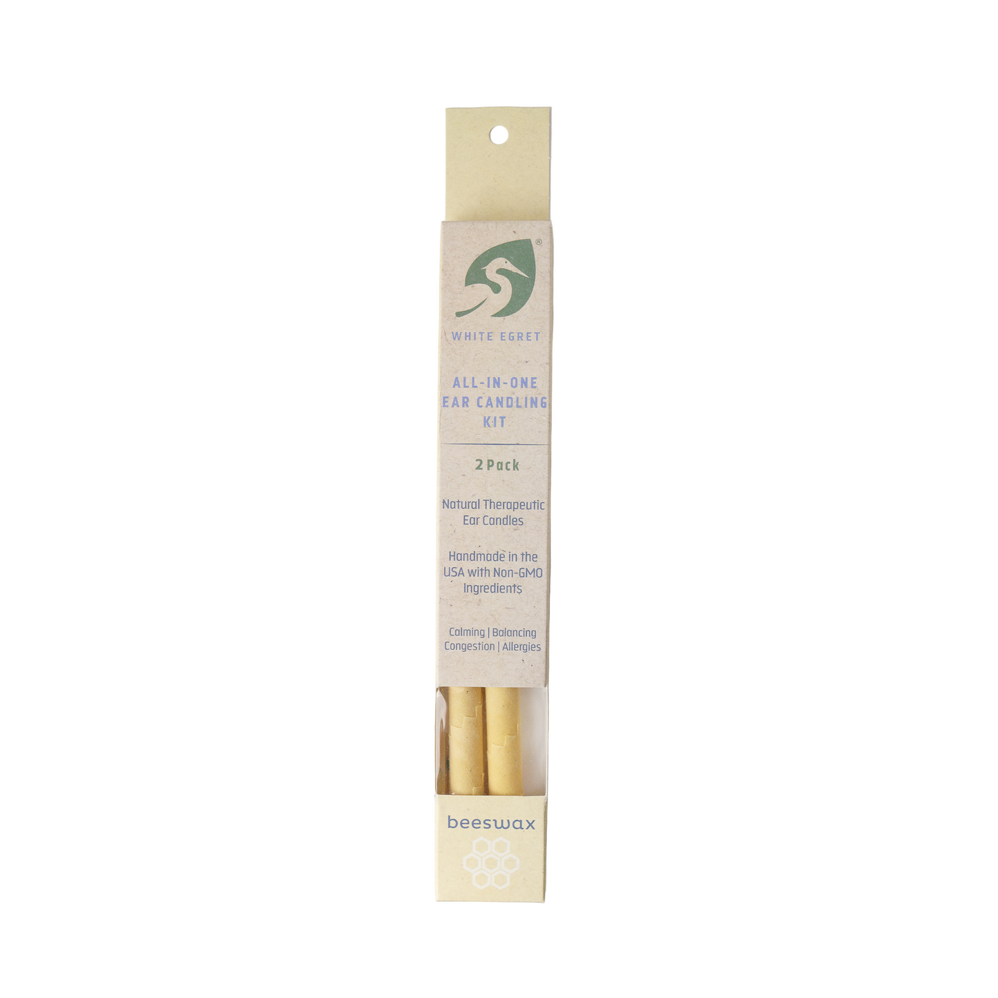 Beeswax ear candles in package on a white background