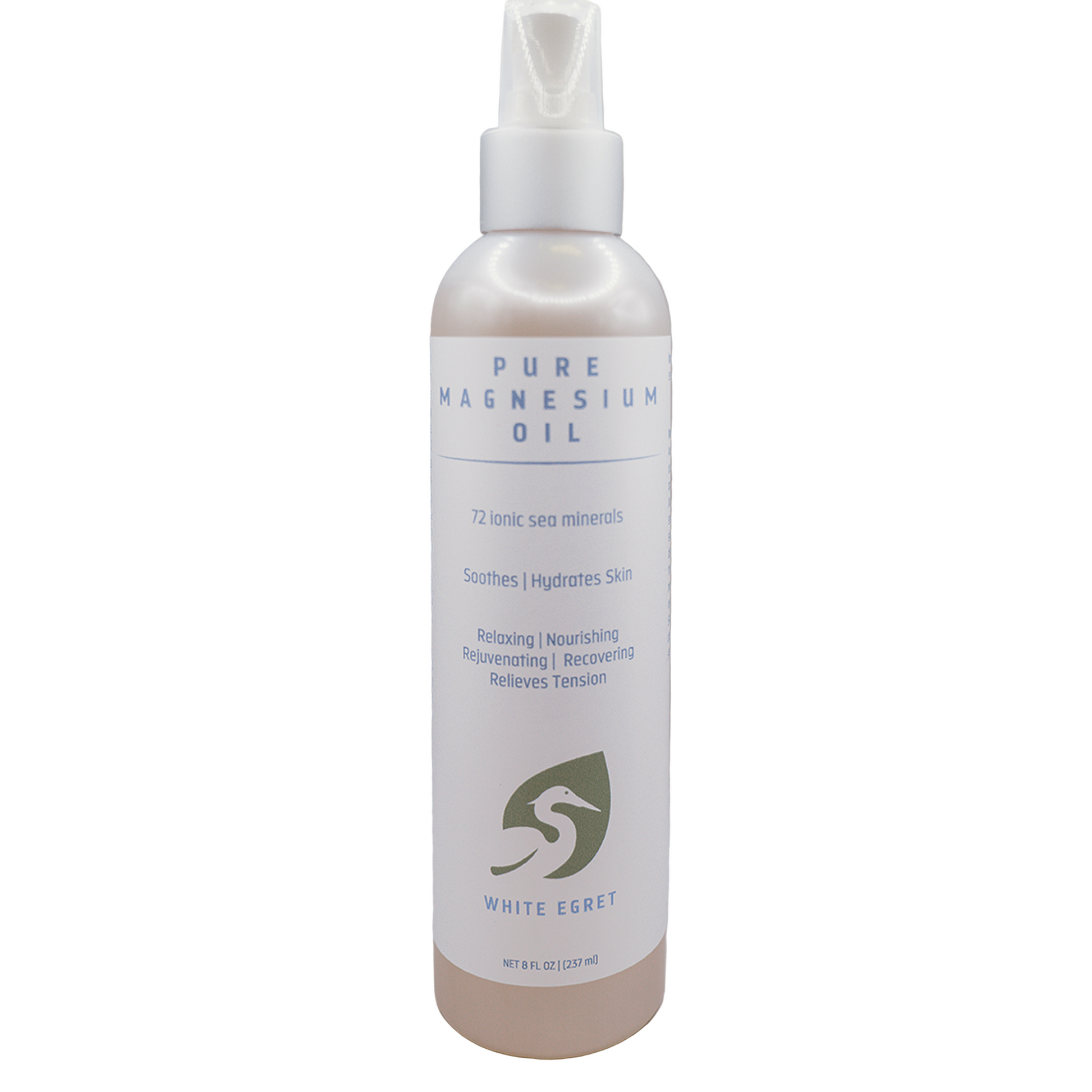 Bottle of Pure Magnesium Oil with a white label on a white background