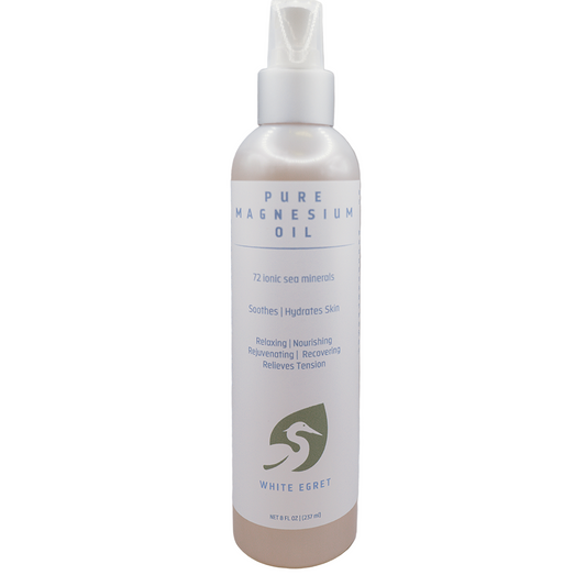 Bottle of Pure Magnesium Oil with a white label on a white background