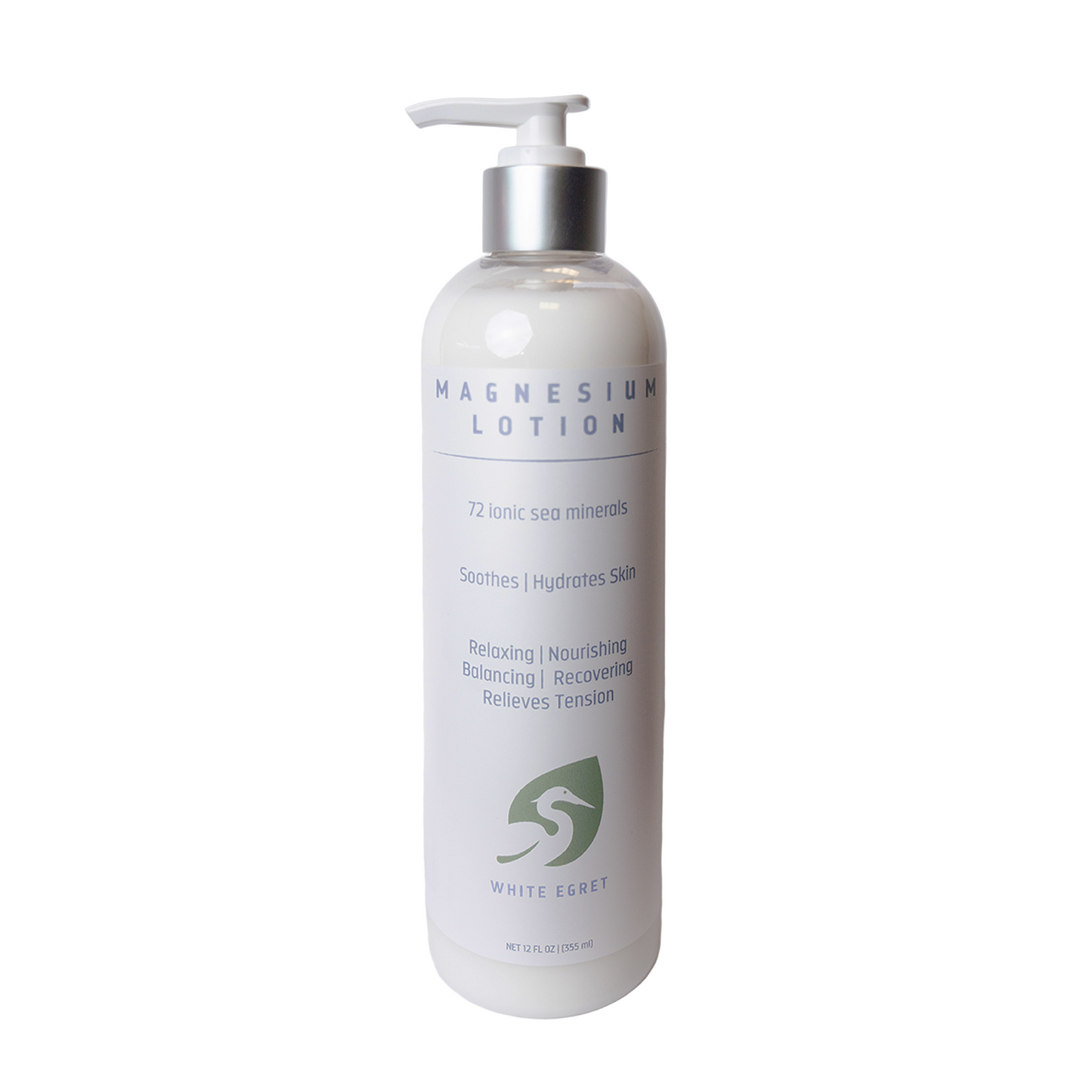 Bottle of magnesium lotion with pump on a white background